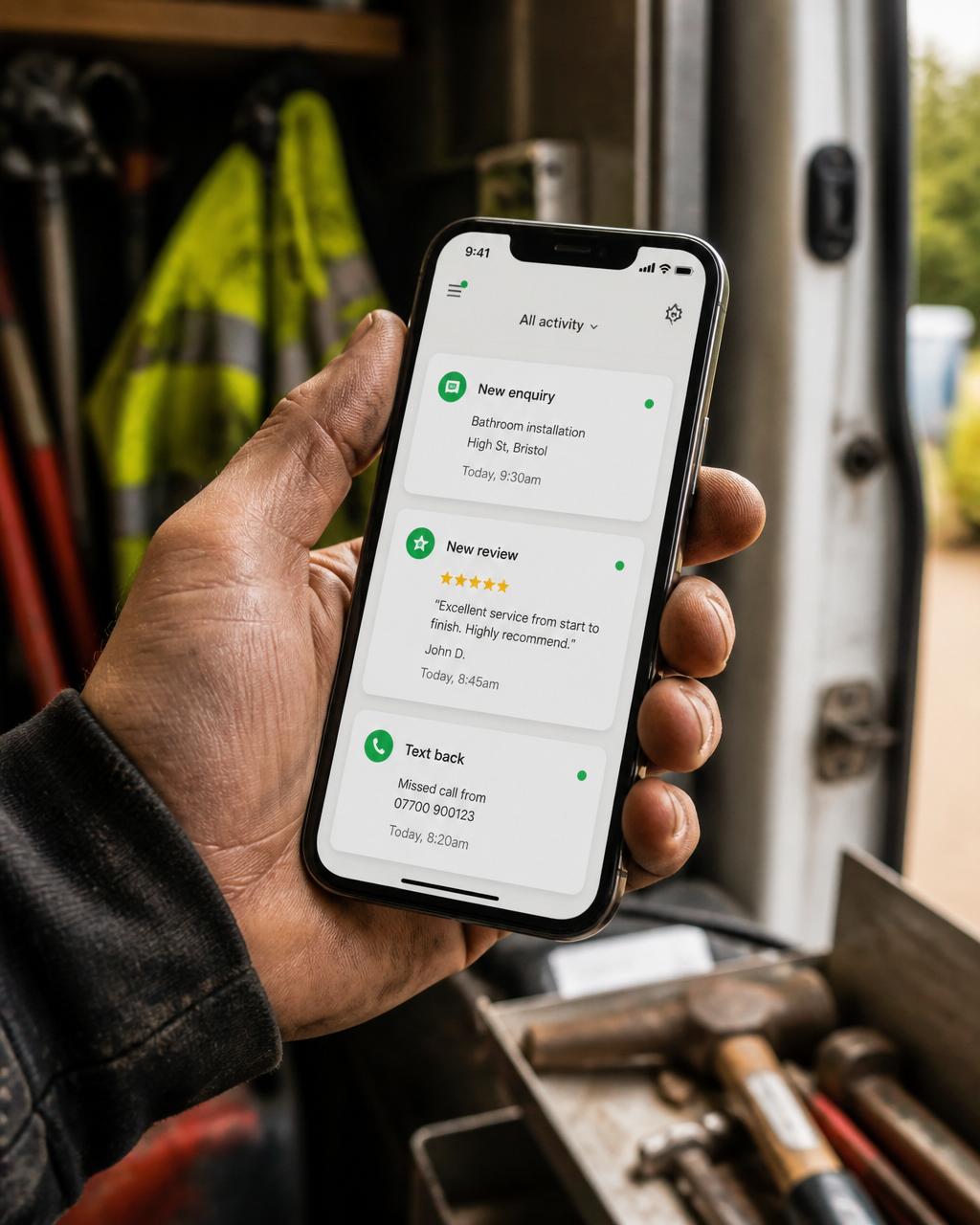 A tradesperson holding a phone showing new enquiries, 5-star Google reviews and missed-call text-backs coming in.