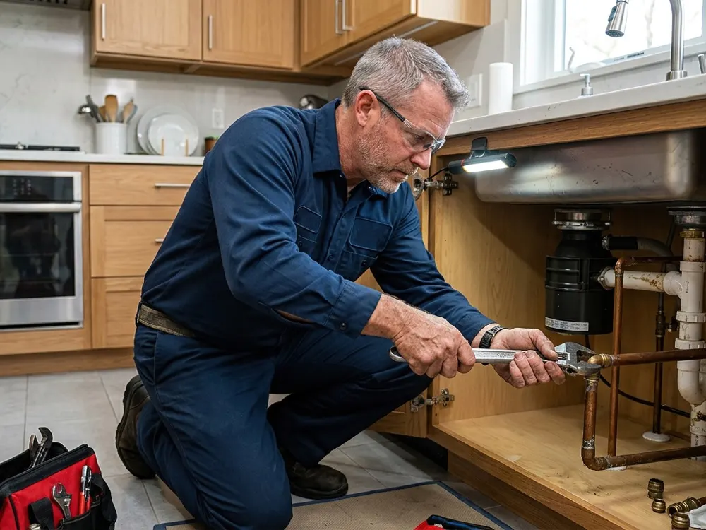 A plumber kneeling to work on the pipes under a kitchen sink with an adjustable wrench.